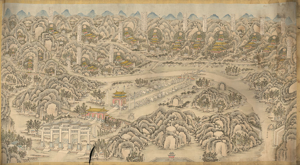 Watercolour overview of the Ming Tombs source from Wikipedia.